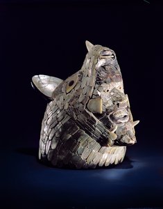 Testa di un animale con testa umana nelle fauci aperte, trovata a Tula, Hidalgo, Messico, Primo Post-Classico (900-1250)