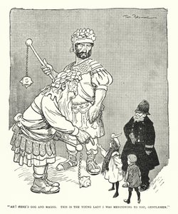 "Ah! Ecco Gog e Magog, questa è la giovane signora di cui vi parlavo, signori" (litografia) da Tom Browne