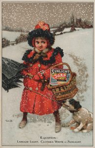 Ragazza che torna a casa nella neve: pubblicità per il sapone Sunlight (cromolitografia) da Tom Browne