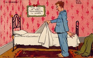 Uomo che contempla il suo scomodo letto singolo (litografia a colori)