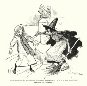"Mi conosci?" sussurrò la strega esultante, "Sono io che ho portato Tony fuori strada" (litografia) da Tom Browne