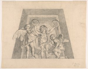 Tre putti con tamburelli e trombe, progetto per lunetta della Sala delle Muse, Museo Pio-Clementino, Vaticano da Tommaso Maria Conca