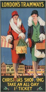 Shopping natalizio, prendi un biglietto tutto il giorno, manifesto dei tramways del Consiglio della Contea di Londra LCC, 1926