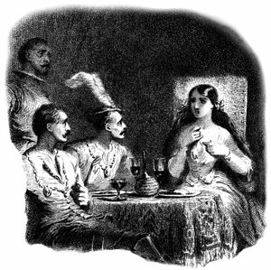 Una giovane donna e tre uomini davanti a bicchieri di vino. (dettaglio)