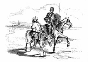 Don Chisciotte cavalca il suo cavallo Rossinante con il suo fedele scudiero Sancho Panza sul suo asino. Illustrazione del romanzo di Cervantes pubblicato in Francia nel 1845 da Dubochet & Cie, traduzione di Louis Viardot, incisioni di Tony Johannot