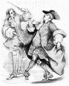 Molière: Il borghese gentiluomo, il signor Jourdain danza sotto la direzione del suo maestro di musica. Incisione di Tony Johannot nell