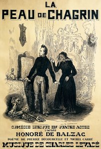 Poster per Le peau de chagrin, opera comica, libretto di Pierre Decourcelle e Michel Carre, musica di Charles Levade, dal romanzo di Honoré De Balzac, Disegno di Tony Johannot
