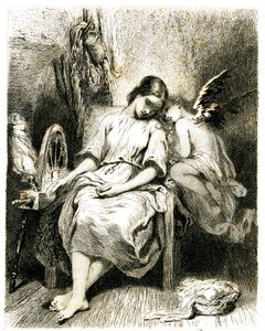 Giovane donna (filatrice) che dorme accanto alla sua ruota - un angioletto si china sulla sua spalla - sonno - sogno - fantasticheria - amore - incisione (acquaforte 1845) di Tony Johannot (Antoine Johannot detto) da Tony Johannot