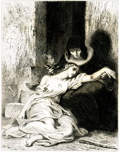 Giovane donna visibilmente sofferente sulle ginocchia di una donna più anziana che le fa prendere una pozione - incisione di Tony Johannot da Tony Johannot