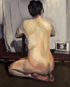 Donna nuda con un portatile da Tore Bahnson