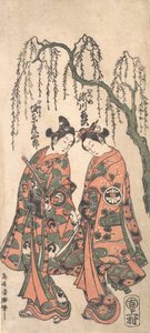 Giovani amanti sotto un salice piangente, con le mani intrecciate e le teste chine, 1754 da Torii Kiyohiro