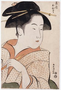 Ritratto a busto di Ohisa del Takashimaya che tiene una pipa da tabacco da Torii Kiyomasa