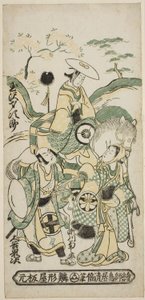 Gli attori Tamazawa Saijiro I come Ushiwakamaru, Segawa Kikunojo I come Oroku e Otani Oniji I come Matano Goro nella commedia "Sazareishi Suehiro Genji," rappresentata al Teatro Nakamura nel primo mese del 1744