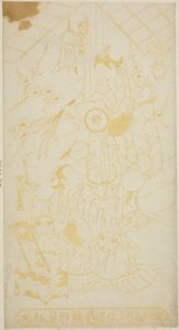 Gli attori Tamazawa Saijiro I come il paggio Umezaburo e Segawa Kikunojo I come Oroku nella commedia "Sazareishi Suehiro Genji," rappresentata al Teatro Nakamura nel primo mese, 1744