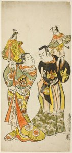 Gli attori Yamashita Kinsaku I e Hayakawa Hatsuse come burattinai nella commedia "Diario tenuto durante un viaggio per mare a Izu" ("Funadama Izu Nikki"), rappresentata al Teatro Nakamura nel primo mese, 1725 da Torii Kiyomasu II