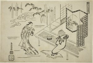 Gli attori Nakamura Takesaburo I come Kewaizaka no Shosho e Ichikawa Danjuro II come Soga no Goro vestiti da komuso nella commedia 
