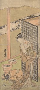 Un Oiran in abito da notte, che si ferma, con una mano sullo schermo che circonda il suo letto, ca. 1770 da Torii Kiyonaga