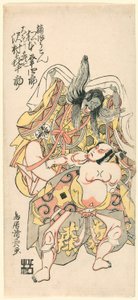 Matsumoto Koshiro III come Kusunoki Bokon e Sawamura Kijuro come Omori Hikoshichi nella scena di un dramma da Torii Kiyonaga