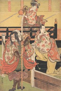 Su un balcone una donna è seduta suonando uno tsuzumi, sotto un uomo in costume da daimyo, ca. 1790 da Torii Kiyonaga