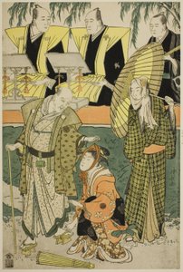 Gli attori Bando Matakuro IV come Chubei, Osagawa Tsuneyo II come Umegawa e Nakamura Katsugoro come Magoemon, nella commedia "Keisei Koibikyaku," rappresentata al Teatro Morita nel quinto mese, 1783 da Torii Kiyonaga
