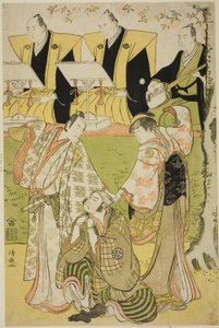 Gli attori Ichikawa Monnosuke II come Munesada, Segawa Kikunojo III come la cortigiana Sumizome, e Nakamura Nakazo I come Sekibei, nell