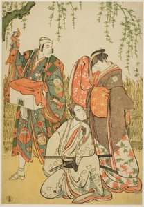 Gli attori Ichikawa Yaozo III come Shiragiku, Ichikawa Danjuro V come il burattinaio Dekurokubei, e Sawamura Sojuro III come Soga no Juro, nel joruri "Shinobukoi Yanagi no Katsura Otoko," rappresentato al Teatro Nakamura nel primo mese del 1785