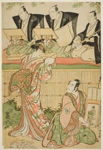Gli attori Matsumoto Koshiro IV come Ukita Sakingo e Sawamura Sojuro III come il fantasma della cortigiana Takao, nella commedia "Ominaeshi Sugata no Hatsuaki," rappresentata al Teatro Nakamura, 1788 da Torii Kiyonaga