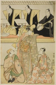 Gli attori Nakayama Kojuro VI (Nakamura Nakazo I) come Chidori, Sawamura Sojuro III come Shigemori e Ichikawa Yaozo III come Yoshibei, nello shosa "Fukyoku Edo Geisha," eseguito al Teatro Nakamura nell