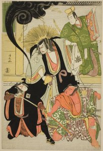 Gli attori Nakayama Kojuro VI (Nakamura Nakazo I) come Hatchotsubute no Kiheiji, Otani Hiroji III come Miura Arajiro, Ichikawa Yaozo III come Akugenta Yoshihira, Sawamura Sojuro III come Taira no Shigemori, nello shosa "Fukyoku Edo Geisha," eseguito al Nak