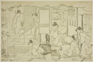 Il primo bagno del nuovo anno (Yudono hajime), dal libro illustrato "Colori della tripla alba (Saishiki mitsu no asa)" da Torii Kiyonaga