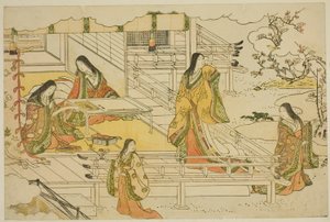 La Prima Calligrafia del Nuovo Anno (Kissho hajime), dal libro illustrato "Colori della Tripla Alba (Saishiki mitsu no asa)" da Torii Kiyonaga