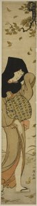 Donna con cappuccio nero tra foglie al vento, dalla serie "Dodici scene di costumi popolari (Fuzoku juni tsui)" da Torii Kiyonaga