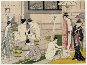 Donne in un bagno pubblico. Stampa giapponese di Torii Kiyonaga (1752-1815), circa 1785. Scuola Torii (ukiyo-e)
