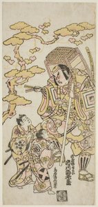 Gli attori Ichikawa Ebizo II come Musashibo Benkei, Sakata Shintaro (?) come Soga no Goro, e Takigawa Kinya (?) come Soga no Juro nella commedia "Sazareishi Suehiro Genji," rappresentata al Teatro Nakamura nel primo mese, 1744 da Torii Kiyonobu II