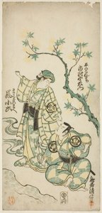 Gli Attori Ichimura Uzaemon VIII come Taira no Koremochi e Arashi Koroku come Makomo no Mae nella commedia "Shusse Momijigari," rappresentata al Teatro Ichimura nell