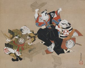 Gli attori Ichikawa Danjuro II come Soga no Goro e Ogawa Zengoro come Kudo Suketsune