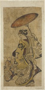 Gli attori Matsumoto Hyozo come donna che tiene un ombrello e Nakamura Shichisaburo I come giovane ragazzo da Torii Kiyonobu I
