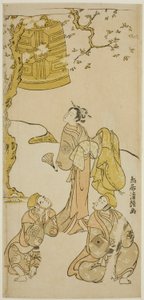 Gli attori Segawa Kikunojo II, Ichikawa Komazo II e Arashi Otohachi I nella commedia "Fude Hajime Soga no Tamazusa," rappresentata al Teatro Nakamura nel primo mese del 1768 da Torii Kiyotsune