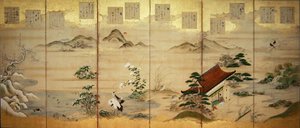 Schermo a sei pannelli con uccelli e fiori dei dodici mesi da Tosa Mitsunari