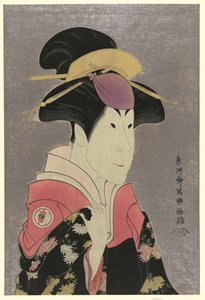 Segawa Tomisabur, un attore, ritratto a mezzo busto, rivolto a destra, nel ruolo di Yadorigi, la moglie di Ogishi Kurando da Toshusai Sharaku