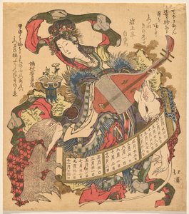 Benzaiten che suona il biwa con scimmia e ratto bianco