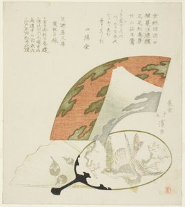 Ventagli decorati con motivi dei tre sogni auspiciosi del nuovo anno da Totoya Hokkei