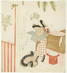 Donna che cucina fagioli nel negozio da Totoya Hokkei