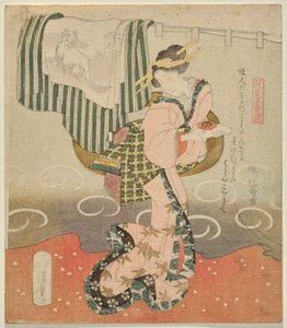 Donna che tiene una tazza di sake davanti a una tenda e un kimono drappeggiato (Cinque fogli per la visione dei fiori) da Totoya Hokkei