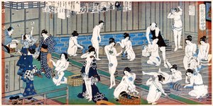 Scena della casa da bagno, una stampa di Toyohara Kunichika, XIX secolo