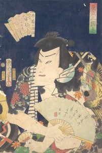 Ichimura Kakitsu IV come Ushiwaka no Genji nella commedia Kabuki Una parodia del Rom..., 4° mese, 1868 da Toyohara Kunichika