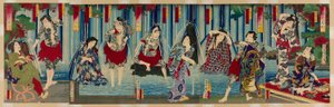 Stelle del Kabuki davanti a una graziosa cascata (Arigataki megumi no hanagata) da Toyohara Kunichika