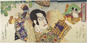 Kawarazaki Gonnosuke nel ruolo di Takechi Mitsuhide e Ichikawa Sadanji nel ruolo di Mashiba Hisayoshi da Toyohara Kunichika