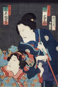 Onoe Baikō come sorella minore Benizara e Seki Sanjūrō come madre Kataomoi nella commedia Ichiban Norime Iki no Sashimono da Toyohara Kunichika
