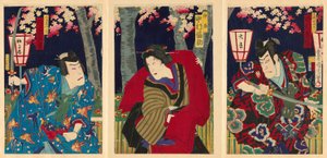 Gli attori Nakamura Shikan IV come Fuwa Banzaemon, Nakamura Fukusuke IV come la cameriera, e Kataoka Gado III come Nagoya Sanzaburo da Toyohara Kunichika